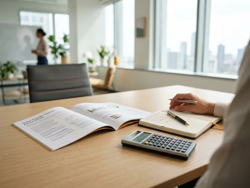 Rapport annuel fictif ouvert à côté d’un carnet de comptes et d’une calculatrice.