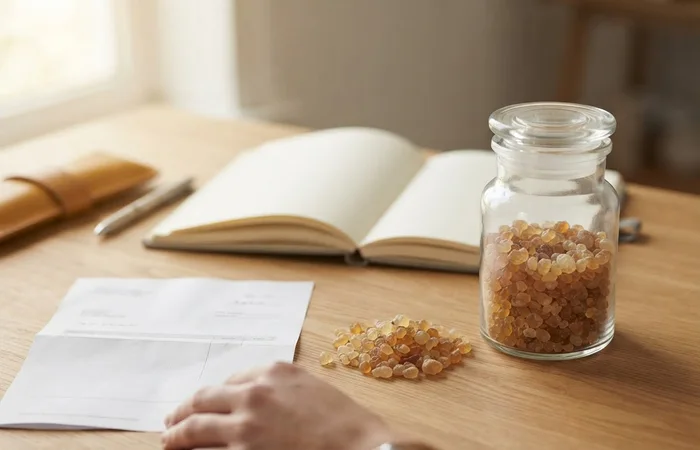 Bocal en verre, granulés de résine et facture fictive sur une table.