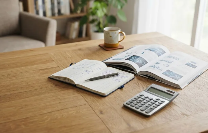 Rapport annuel fictif ouvert à côté d’un carnet de comptes et d’une calculatrice.